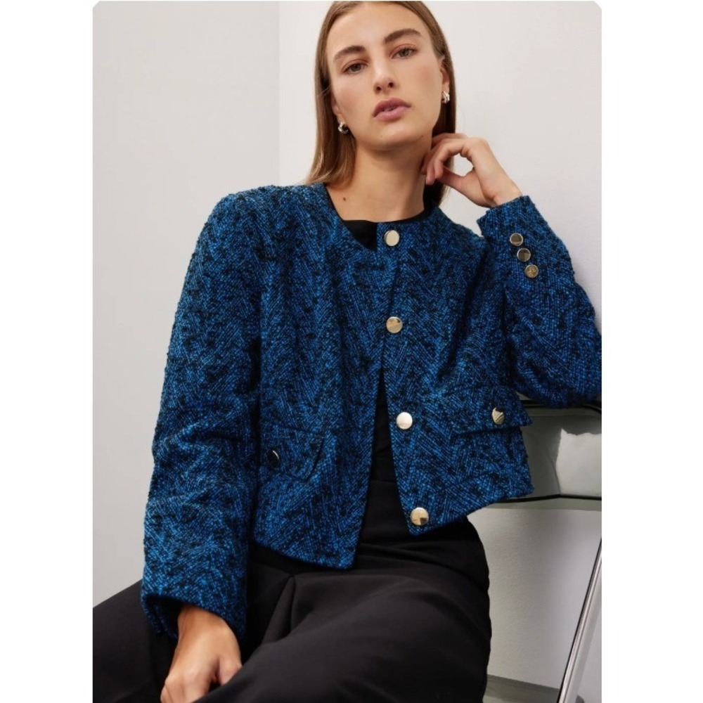 BOSS Hugo Boss Janoa Cropped Tweed Jacket Blue Black Blazer Collarless Sz 6 US